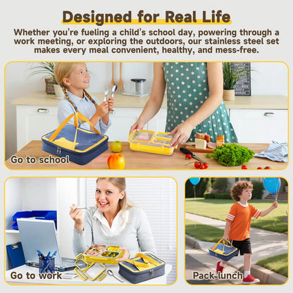 Stainless Steel Bento Lunch Box Set with Spoon, Fork & Insulated Lunch Bag, 25oz Leakproof Bento Box for Adults & Kids, Ideal for School, Home, Office, Picnic & Healthy meal prep containers (yellow)