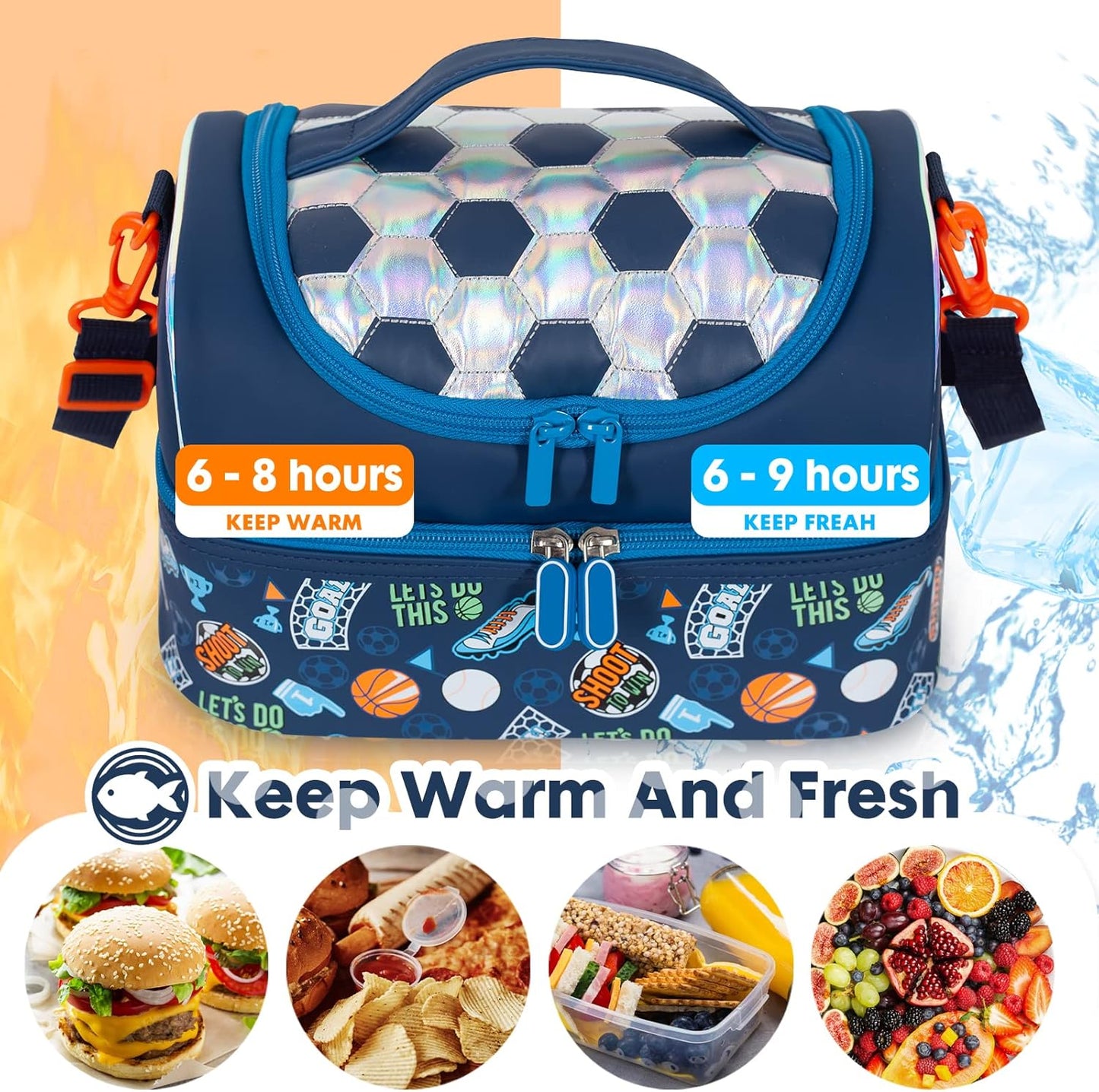 Kids Double Decker Cooler Insulated Lunch Bag, Back to School Large Meal Tote for Boys, Girls, Men, Women, with Adjustable Strap, Soccer