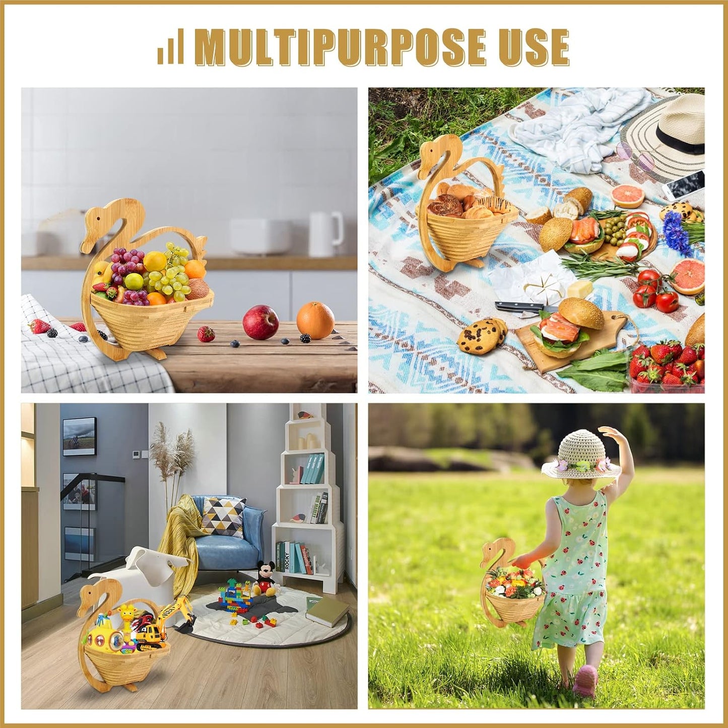 MYOSOTIS Foldable Fruit Basket Collapsible Bamboo Fruit and Veggie Basket Fruit Bowl Holder and Dried Fruit Basket For Holiday Party (Duck)