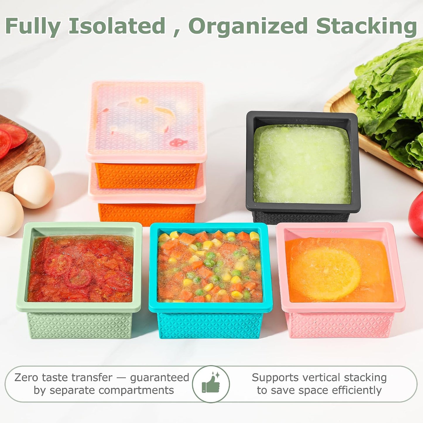 Silicone Freezer Molds for Soup Cube - 2-Cup Freezer Storage Container Tray with Lid,4 Pack Stackable Ice Cube Trays for Portion Control,Food Storage Meal Prep,Oven & Dishwasher Safe