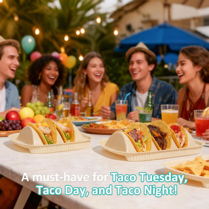 50-Pack Disposable Taco Plates for 2 Tacos & 2 Sides - For Most 4-6 IN Small Hard Shells - Biodegradable Cornstarch Holder Plates - Microwave Safe - Ideal for Fiesta, Bar, Party