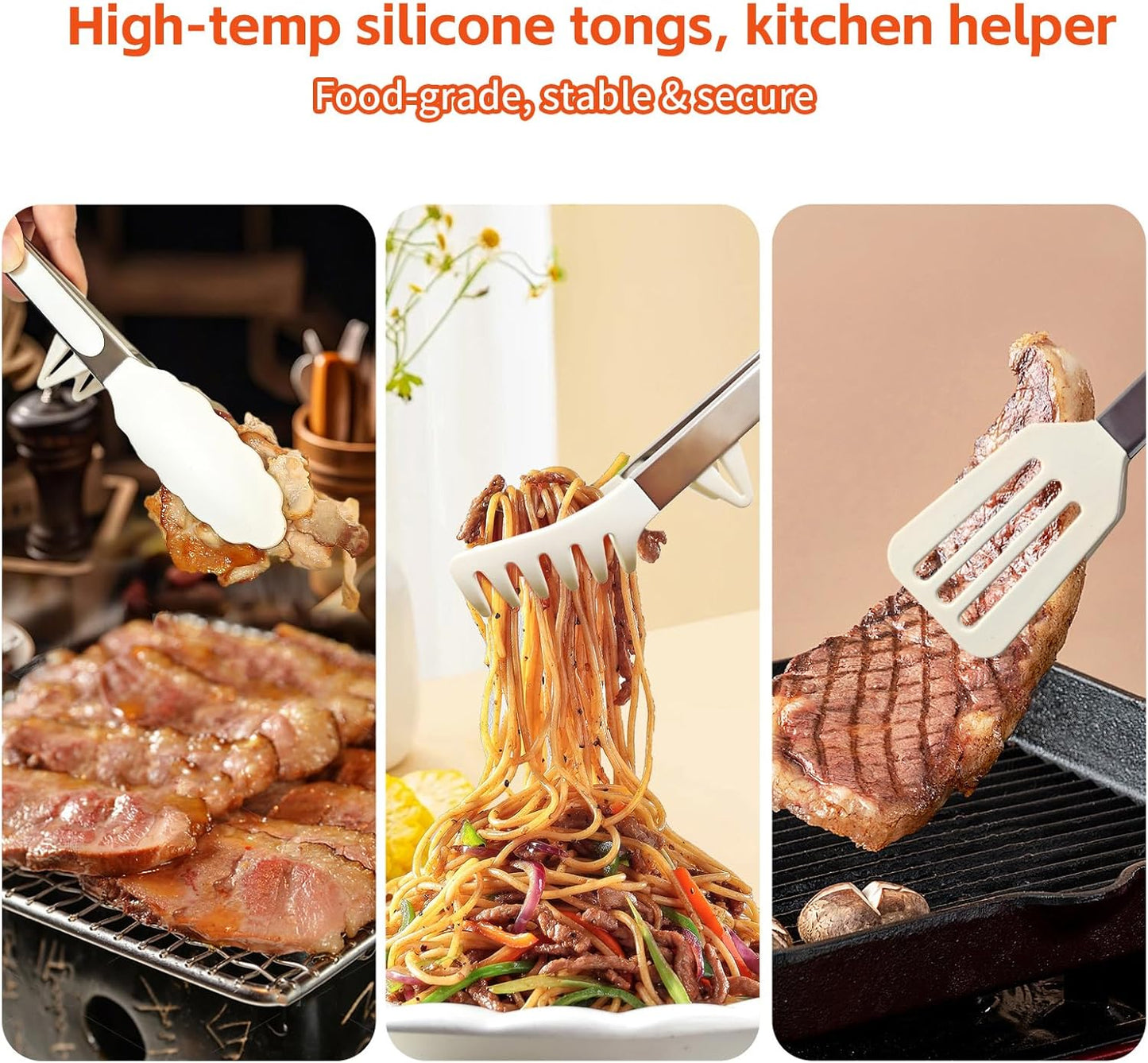 Kitchen Tongs,Set Of 3 Tongs with Silicone Tip for Cooking 9/12 Inch Stainless Steel Kitchen Tong for Meat,Food Grill,Salad,BBQ,Frying,Serving,Dishwasher (Black, 12 Inch)
