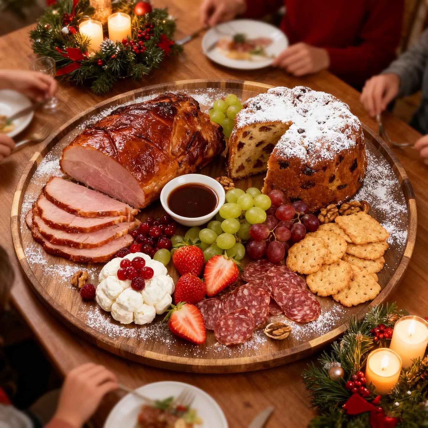Utoplike Extra Large Acacia Wood Serving Tray, 23.6'' Round Charcuterie Board, Cheese Board with Rotating Base Raised Edge and Removable Dividers for Food, Snacks, Party, Dining
