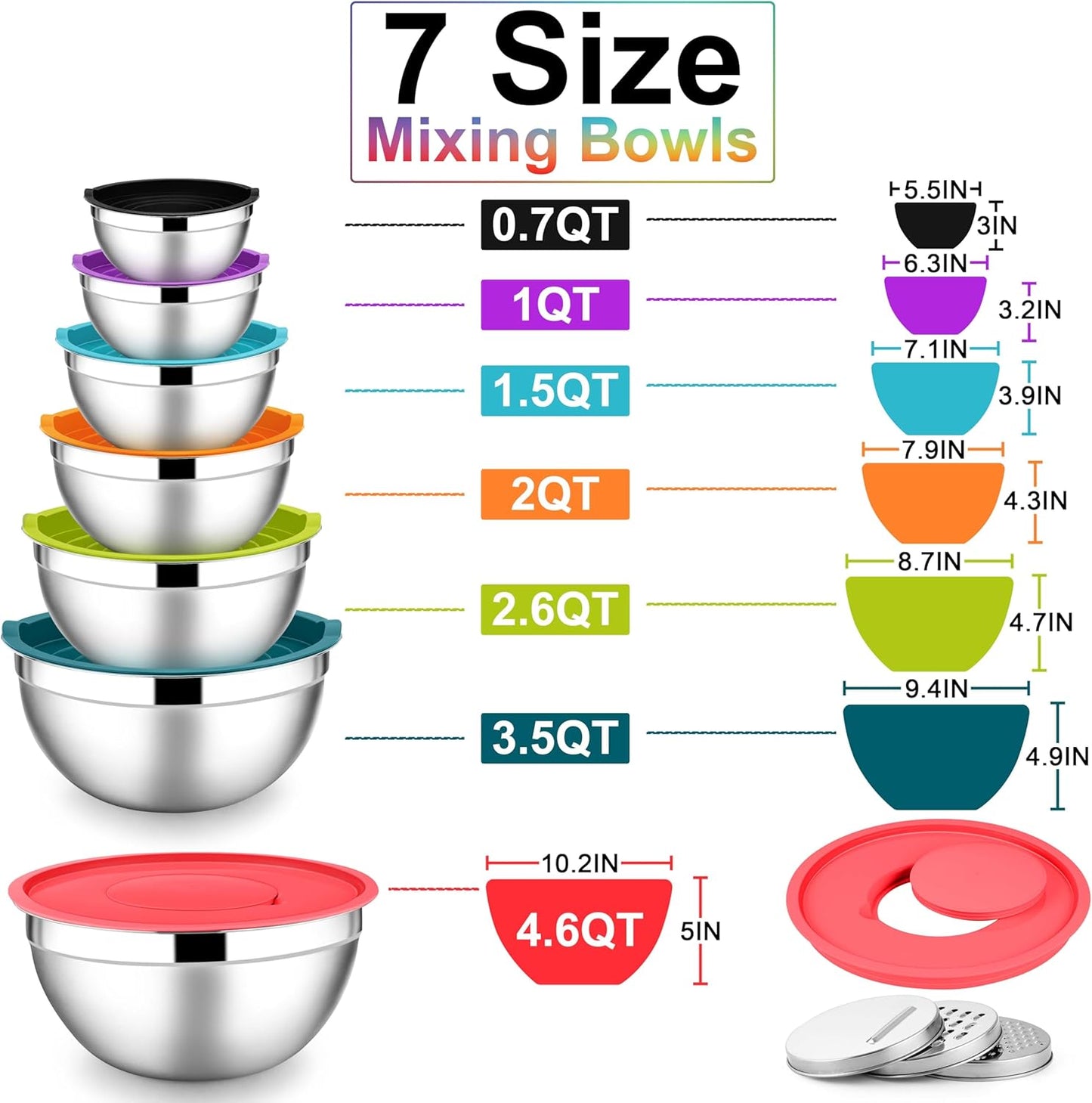 E-far Stainless Steel Mixing Bowls with Lids Set, 5-Piece Nesting Salad Bowls with 3 Grater Attachments and Non-Slip Bottoms, Size 4.6, 2.6, 2, 1.5, 1QT for Kitchen (Khaki)