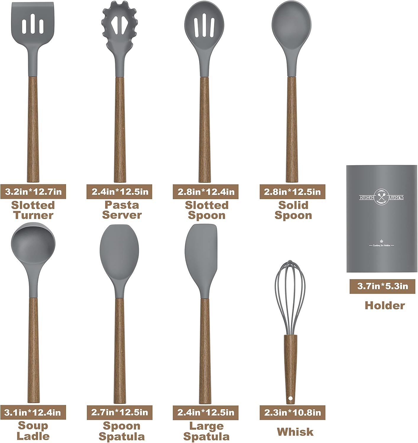 Silicone Kitchen Cooking Utensil Set, 9Pcs Kitchen Utensils Spatula Set with Wooden Handle for Nonstick Cookware, 446°F Heat Resistant Silicone Kitchen Gadgets Utensil Set with Large Holder（Grey）