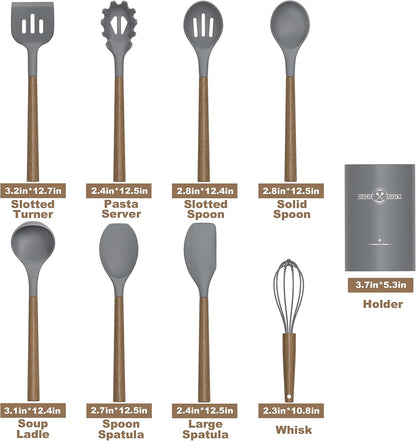 Silicone Kitchen Cooking Utensil Set, 9Pcs Kitchen Utensils Spatula Set with Wooden Handle for Nonstick Cookware, 446°F Heat Resistant Silicone Kitchen Gadgets Utensil Set with Large Holder（Grey）
