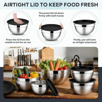 E-far Mixing Bowls With Lids Sets of 5, 10-Piece Stainless Steel Salad Metal Nesting Bowl for Baking Cooking and Prepping, Airtight Lid & Stackable Design, Size 4.6, 3, 2.1, 1.5, 0.7 QT, Black