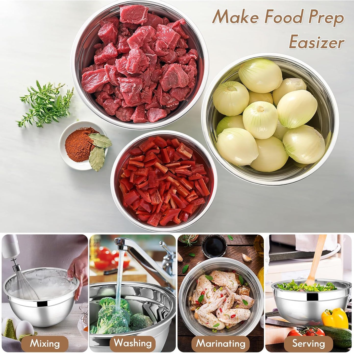 E-far Mixing Bowls with Lids Set of 5, Stainless Steel Mixing Bowls Metal Nesting Bowls with Airtight Lids, Non-toxic & Dishwasher Safe, Great for Cooking, Baking, Serving - Size 0.7/1/1.5/3/4.6QT