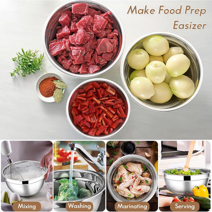 E-far Mixing Bowls with Lids Set of 5, Stainless Steel Mixing Bowls Metal Nesting Bowls with Airtight Lids, Non-toxic & Dishwasher Safe, Great for Cooking, Baking, Serving - Size 0.7/1/1.5/3/4.6QT