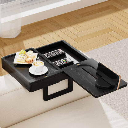 Bamboo Couch Arm Tray, 2 Rotating Trays with 360° Phone Holder & Storage Box, Natural Adjustable Clip On Sofa Table for Snacks, Drinks, Fits Wide Armrests (Up to 10")
