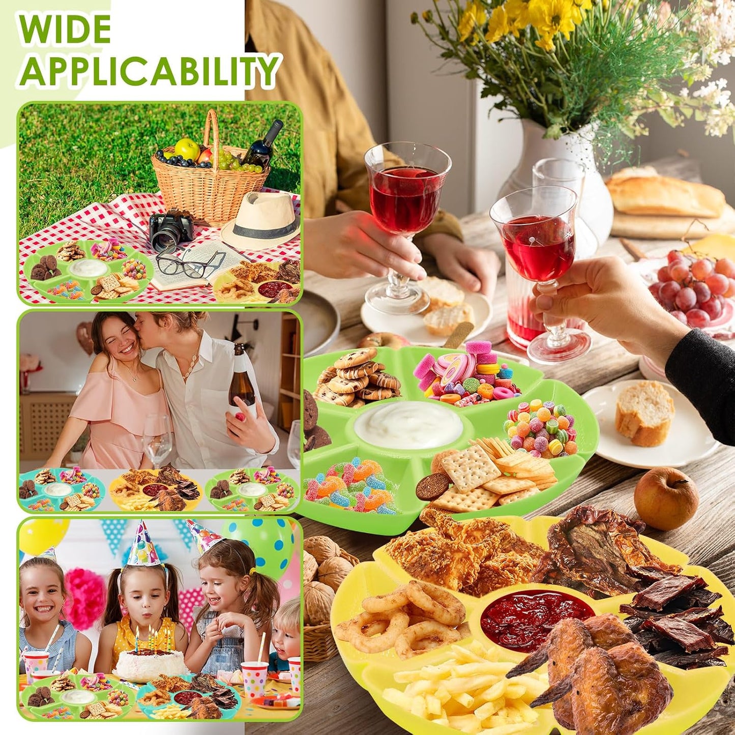 3 Pcs Sectional Round Plastic Serving Tray Platters 11inch Unbreakable Chip and Dip Divided Serving Plates,Round 7 Compartments Multifunctional Food Platter for Snack,Nuts,Candy,Dried Fruit,Veggies