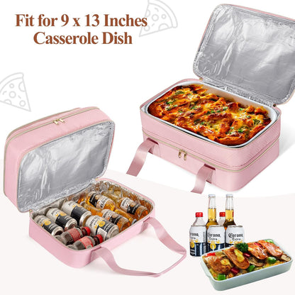 Insulated Casserole Carrier for Hot or Cold Food, Thermal Lasagna Lugger Tote to Keep Food Warm, Double Decker Food Warmer Bag Fits 9”x13” Baking Dish, Pink