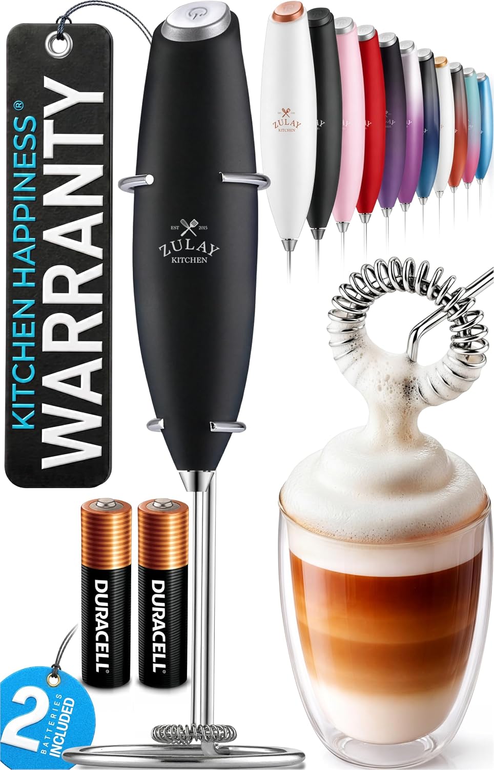 Zulay Kitchen Rechargeable Milk Frother Handheld - Frother Wand, Drink Mixer, Electric Whisk Frother, for Cappuccinos, Matcha & Protein Powder - Dynamic 3 Whisk, 3 Speed 500mAh Black - Colors A