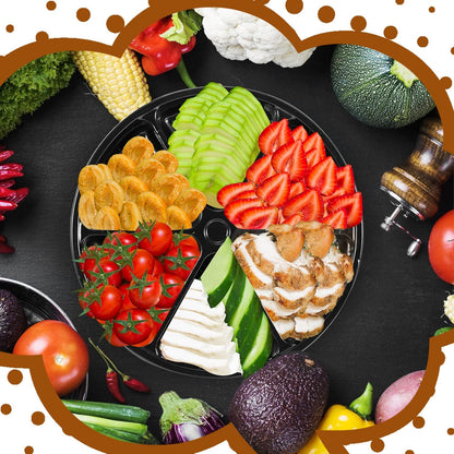 10 Pcs Round Plastic Veggie Serving Tray for Christmas Festival 11.8 Inch 6 Sectional Taco Serving Platter with Lid Food Round Platter Container Fruit Organizer for Party Buffet (Black)