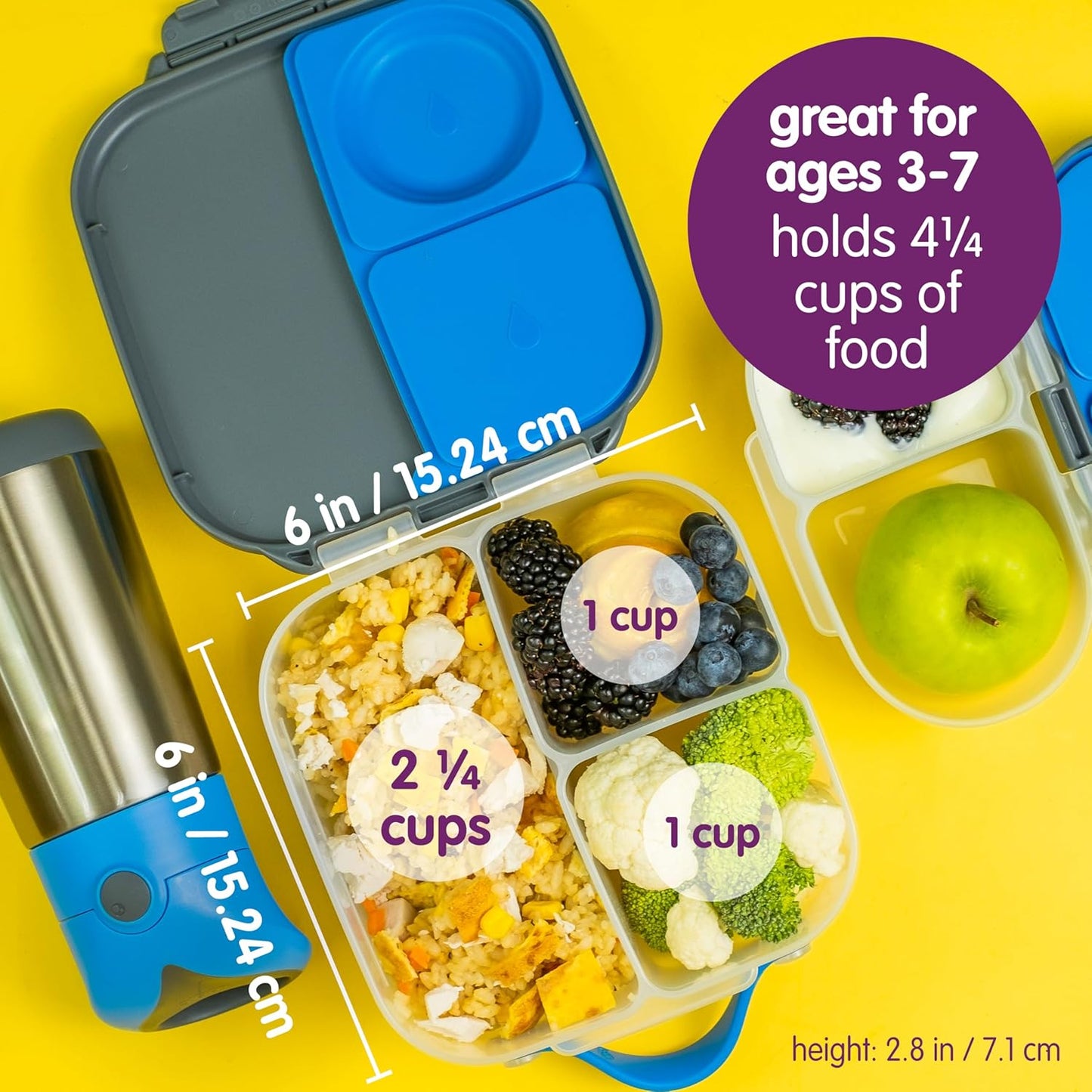 b.box Mini Lunch Box 2-Pack, Leak Proof Bento Box for Kids, 3 Compartment Snack Containers Ages 3+, Lunchbox for Daycare + School, Dishwasher Safe, BPA-Free, PFAS-Free, 4.25 Cup - Blue + Green