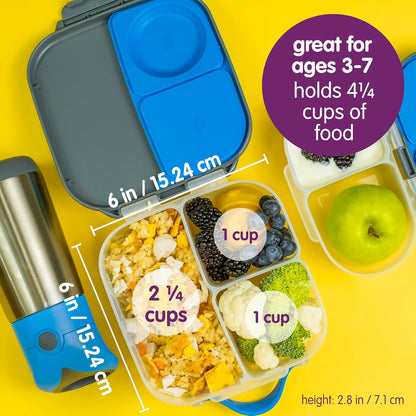 b.box Mini Lunch Box 2-Pack, Leak Proof Bento Box for Kids, 3 Compartment Snack Containers Ages 3+, Lunchbox for Daycare + School, Dishwasher Safe, BPA-Free, PFAS-Free, 4.25 Cup - Blue + Green