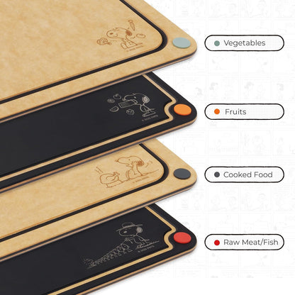 Elihome X Peanuts Kitchen Cutting Board Set, Non Slip Feet, Double Sided Color Coded with Food Icon, Natural Wood Fiber, Dishwasher Safe, Eco-Friendly, Juice Grooves,Non Porous, BPA Free, 2 Pack