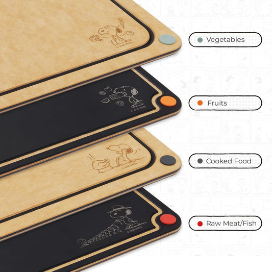 Elihome X Peanuts Kitchen Cutting Board Set, Non Slip Feet, Double Sided Color Coded with Food Icon, Natural Wood Fiber, Dishwasher Safe, Eco-Friendly, Juice Grooves,Non Porous, BPA Free, 2 Pack