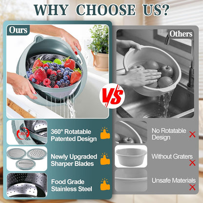 4-in-1 Colander with Bowl Set — Patented 360° Rotatable Strainer Bowl with 3 Graters, Snap-On Lid & Non-Slip Base, Funny Kitchen Present for Women, Aesthetic Pasta Fruit Vegetable Strainer (Beige)