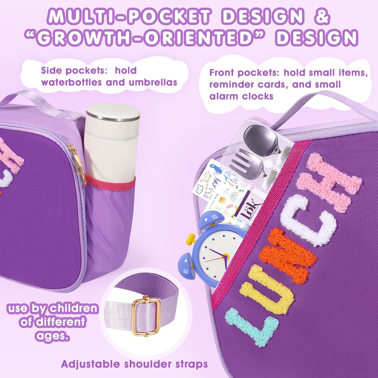 Nsrzua Lunch Bag Kids-Kids Insulated Lunch Bag with Adjustable Strap - Reusable Leakproof Lunch Box for Girls, Preppy School Lunch Tote for Travel, Picnic,School & Winter Camp