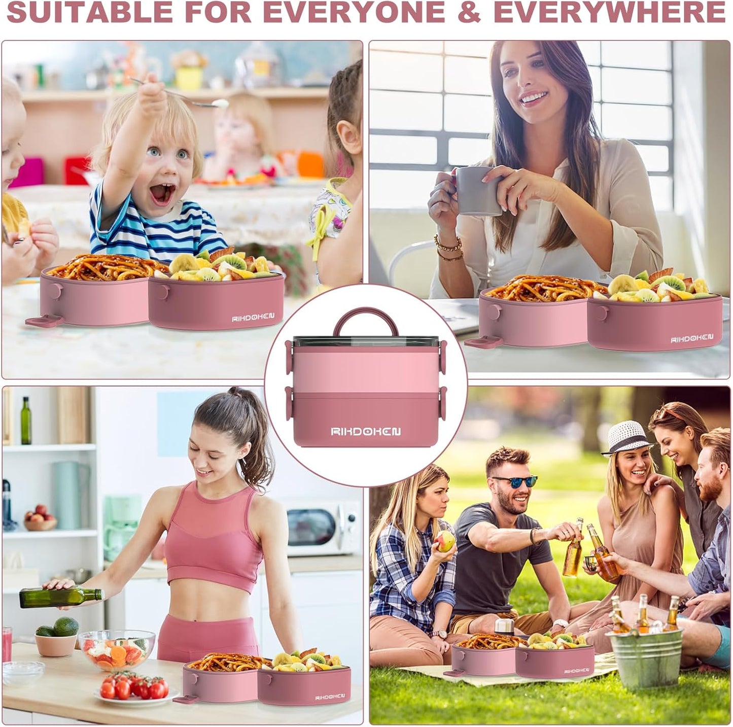 RIKDOKEN Lunch Box, Stackable 3 Layers Containers, Portable 94OZ Large Capacity Leakproof Bento Box with Spoon & Fork & Sauce Boxes, Microwave Safe Lunch Box for Kids and Adults