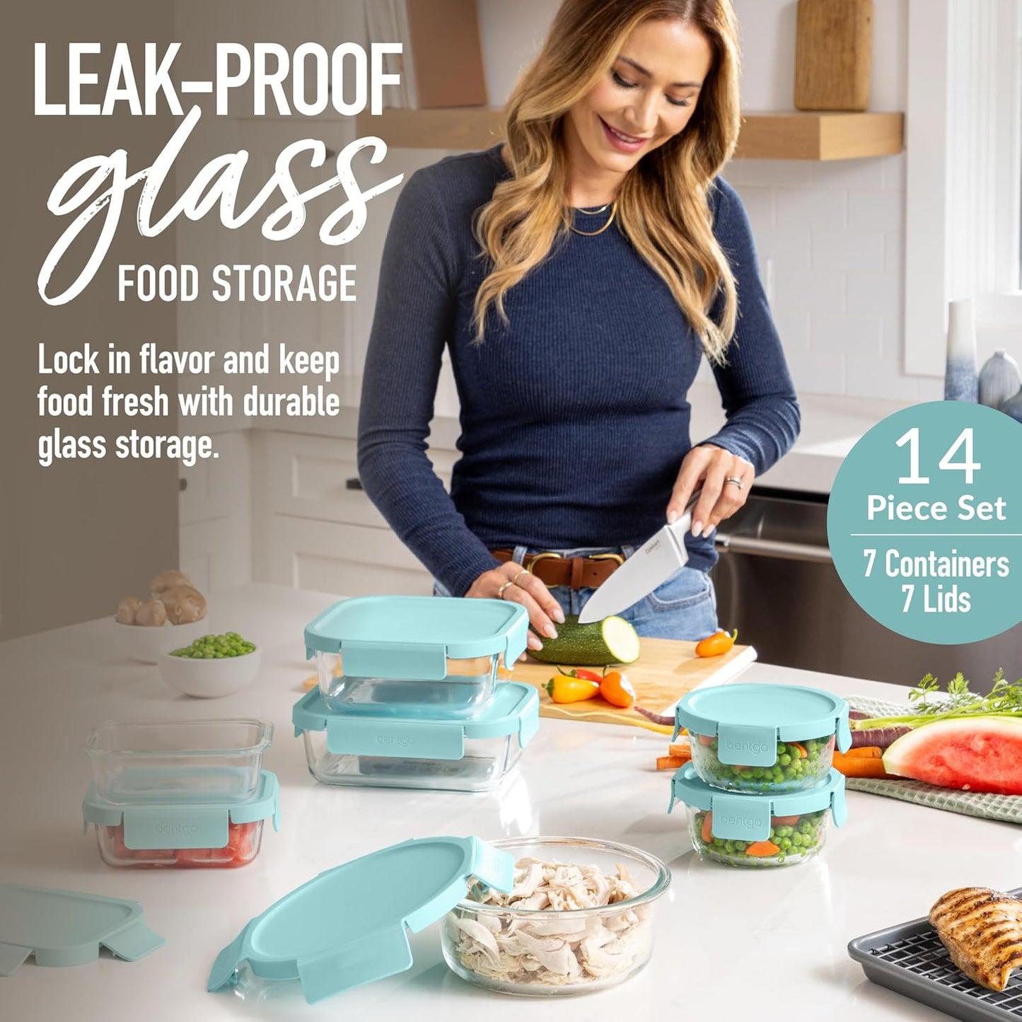 Bentgo Glass Leak-Proof Food Storage Set - 4-Piece Glass Containers with BPA-Free Airtight Lids, Reusable & Durable for Leftovers & Meal Prep - Microwave, Freezer, Oven & Dishwasher Safe (Soft Aqua)
