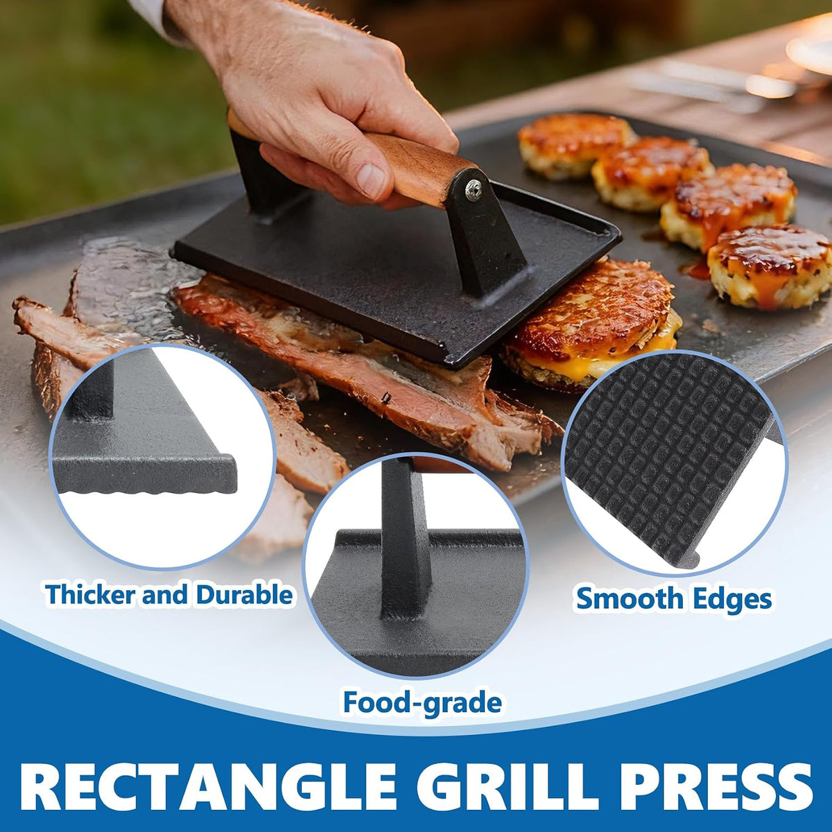 Cast Iron Square Burger Press&Rectangle Meat Press for Griddle Accessories