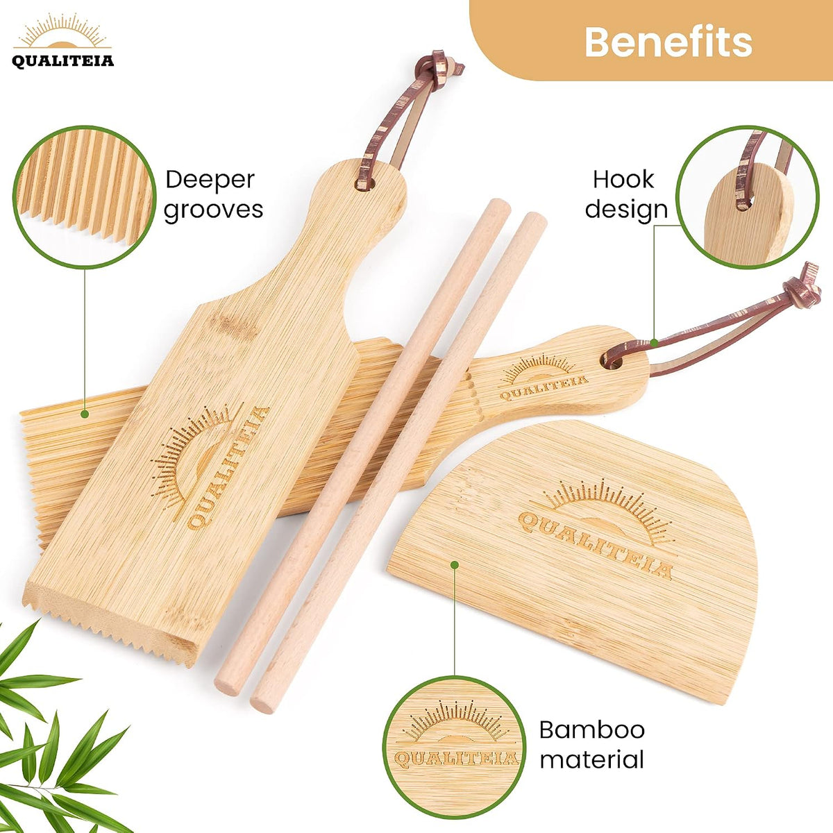 Gnocchi Board Set for Rolling Dough - 2x Paddles, 2x Rollers & 1x Cutter, Bamboo Pasta Shaper Tools Butter Maker, Garganelli Cavatelli Tortellini Cavarola Roller (Gnocchi Board Set 4)