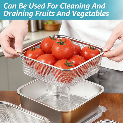 Stainless Steel Colander Set, Square Strainer with Lid for Draining Vegetable Washing Rice, 2 in 1 Strainer Bowl & Food Storage Container Food Preparation Box Bowl (1500ml)