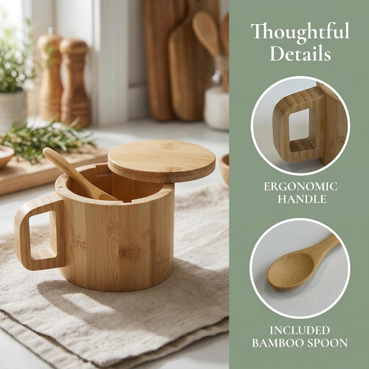 Bamboo Salt Cellar with Handle, 10oz Magnetic Swivel Lid & Spoon