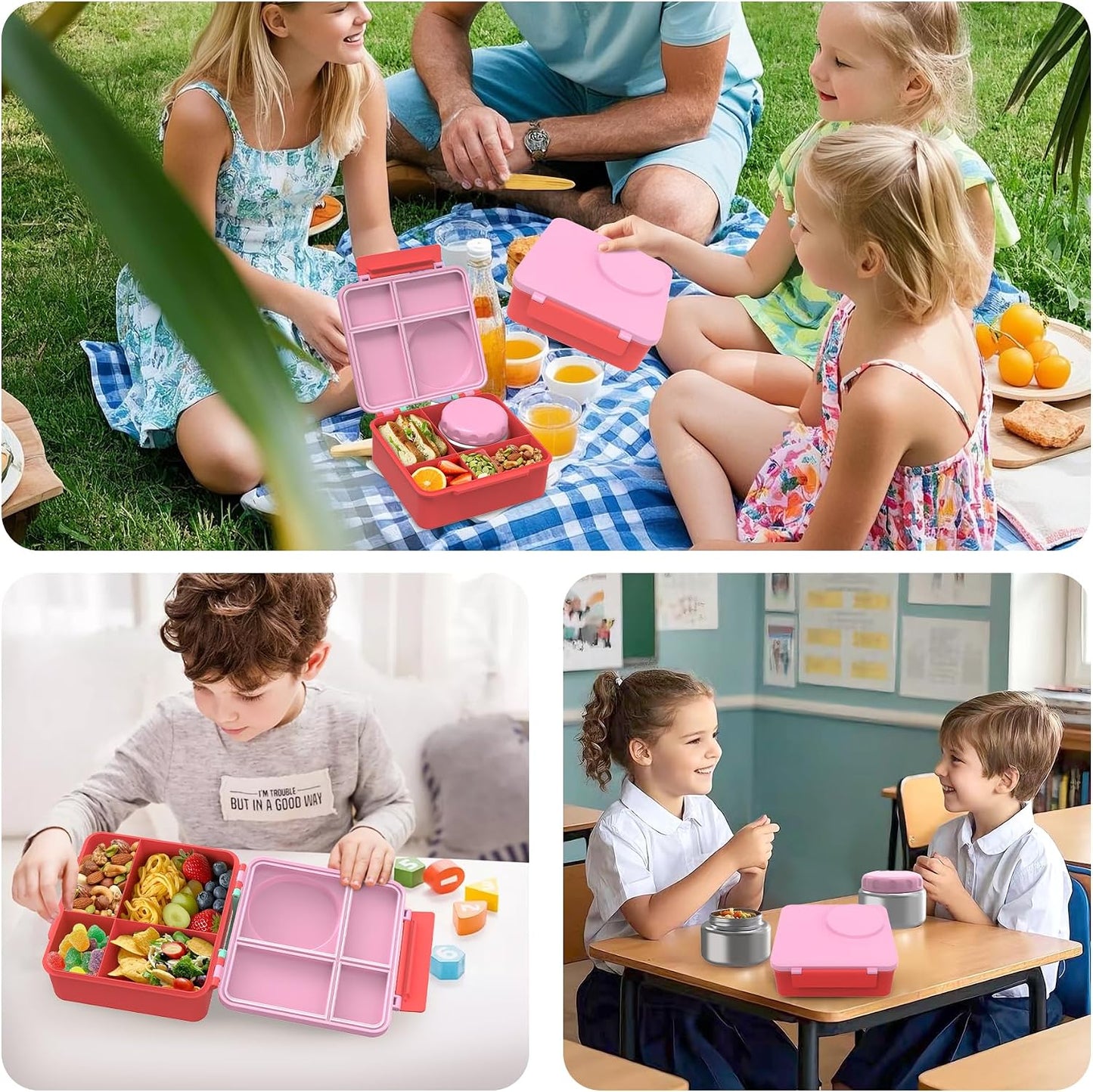 Bento Lunch Box Set for Kids with 8oz Soup Thermo, Leak-Proof Lunch Containers with 4 Compartment, Thermo Hot Insulated Food Jar and Foldable Fork Spoon, for Kids to School (pale pink)