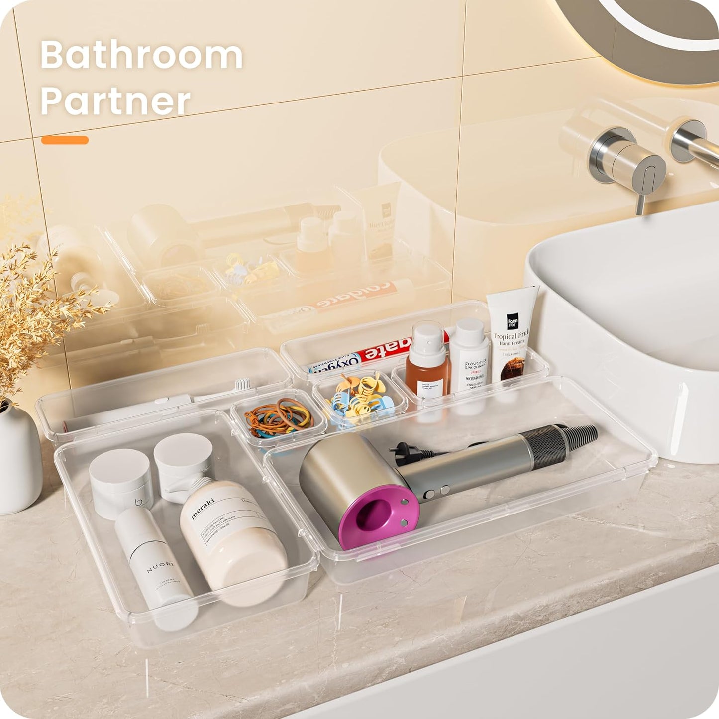 A-LuGei 【Military Grade】 Drawer Organizer,【𝟱𝗦𝗶𝘇𝗲】 Makeup organizer,【Holds 177 Items】 Bathroom Organizers and Storage,Organization and Storage,Desk Drawer Organizer for Vanity【Clear】