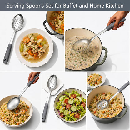 2-Piece Serving Spoons, 11-Inch, Solid & Slotted, Platinum Silicone