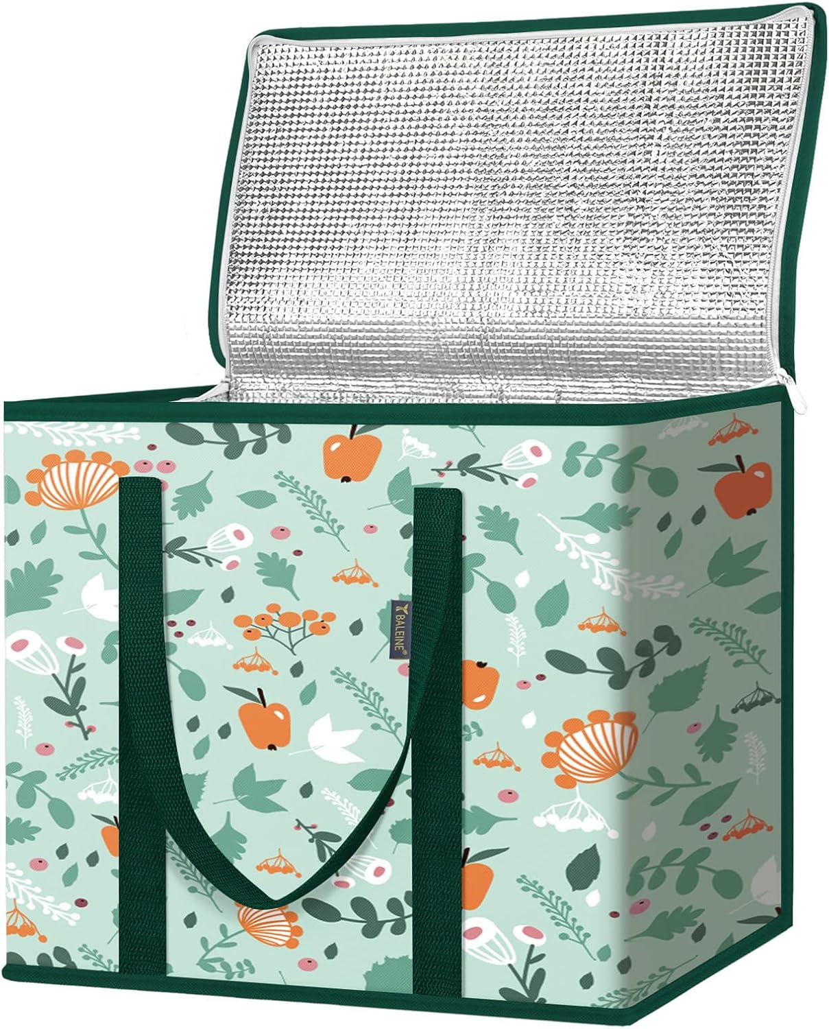 BALEINE 2Pk Insulated Reusable Grocery Bags, Collapsible Cooler Bag for Groceries, Heavy Duty Large Insulated Bag (16''x9''x13'', Antique Foliage)