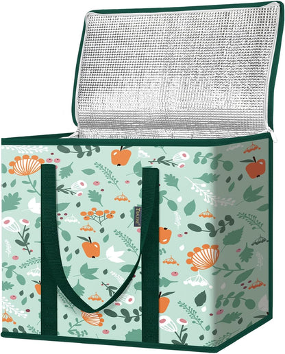 BALEINE 2Pk Insulated Reusable Grocery Bags, Collapsible Cooler Bag for Groceries, Heavy Duty Large Insulated Bag (16''x9''x13'', Antique Foliage)