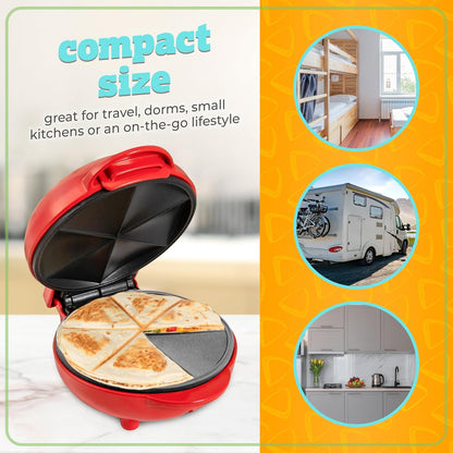 Taco Tuesday Deluxe 8-Inch 6-Wedge Electric Quesadilla Maker with Extra Stuffing Latch, Red