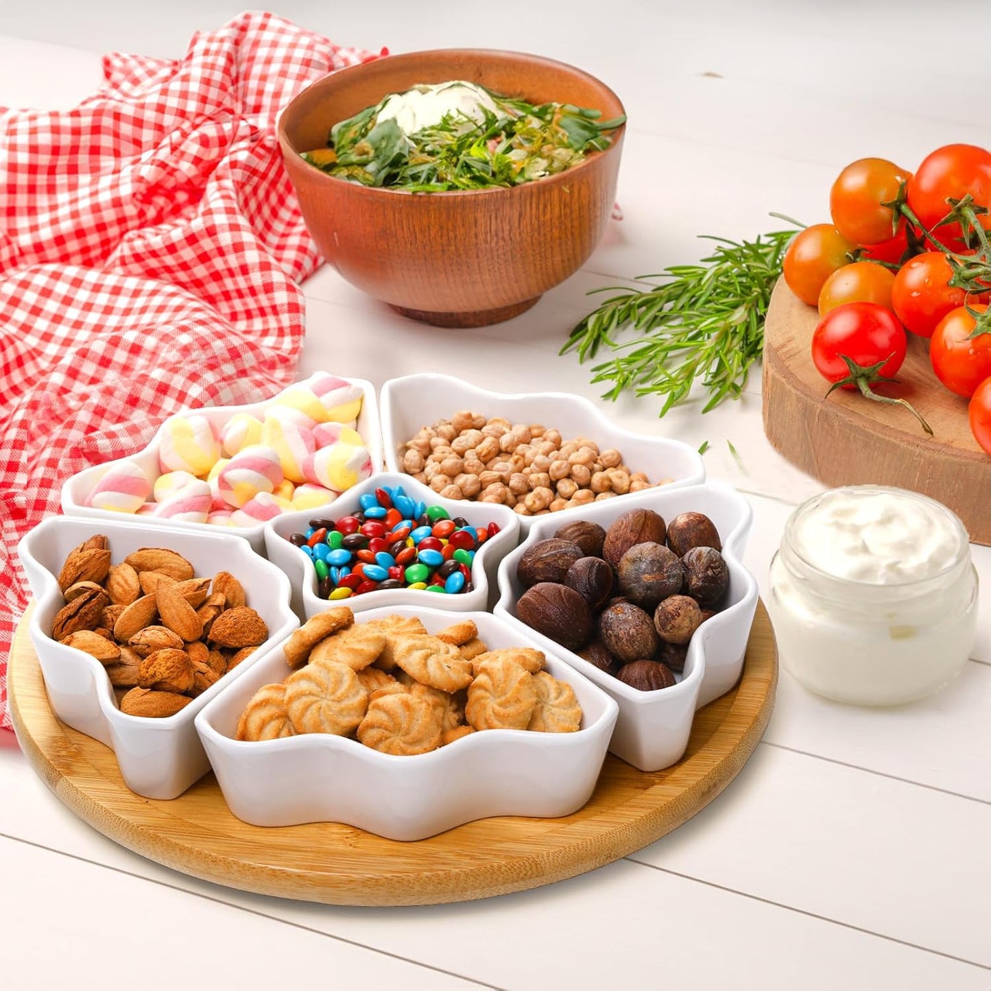 Foraineam Rotatable Serving Platters and Trays, Lazy Susan Relish Tray, 7-Compartment Divided Dishes, 11 Inch Porcelain Removable Bowl for Chip and Dip, Fruit, Nut, Candy and Snack