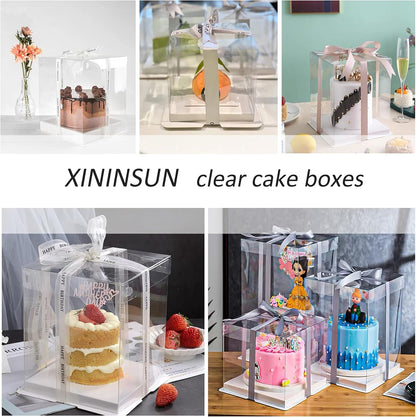 XININSUN 2Pcs Large Cake PET Clear Box, 10" X 10" X 9" with ribbon and pre-folded lid, for 8" cake packing carry, baking cookie display, Carry Tall Layer Gift, Festive Gift Box -White