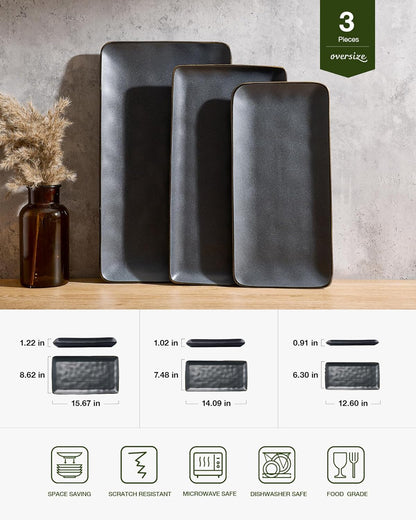 Famiware Serving Platter, Rectangular 15.67/14.1/12.6inch Serving Dishes for Entertaining, Microwave Dishwasher Safe, Stoneware Serving Trays for Party, Turkey, Cheese, Ocean Series, Cappuccino White