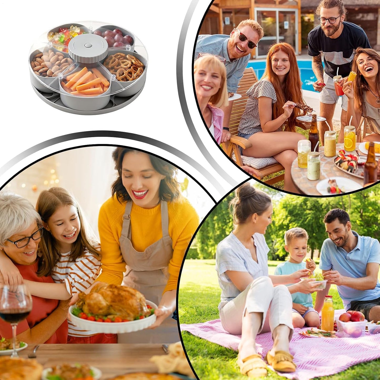 Divided Serving Tray Spins | 5-Compartment Spins Snackle Box Container | Rotating Snack Spinner Platters Serving Tray with Lid | Snack Organizer Appetizer Fruit Servings Trays for Party & Kitchen
