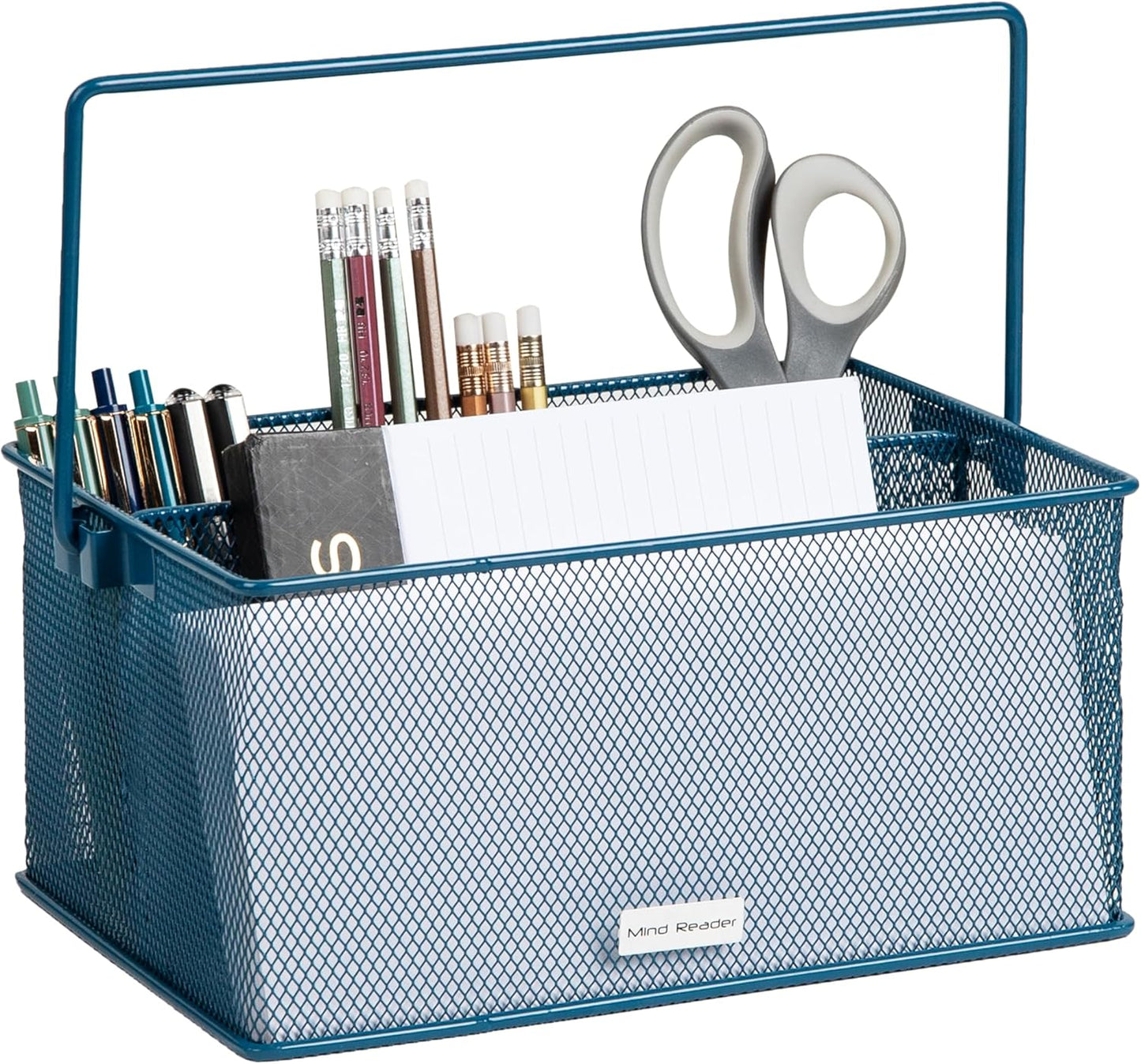 Mind Reader Multi-purpose Storage Caddy with Handle, Desktop Organizer, Cutlery Holder, 4 Compartments, Metal Mesh, Black