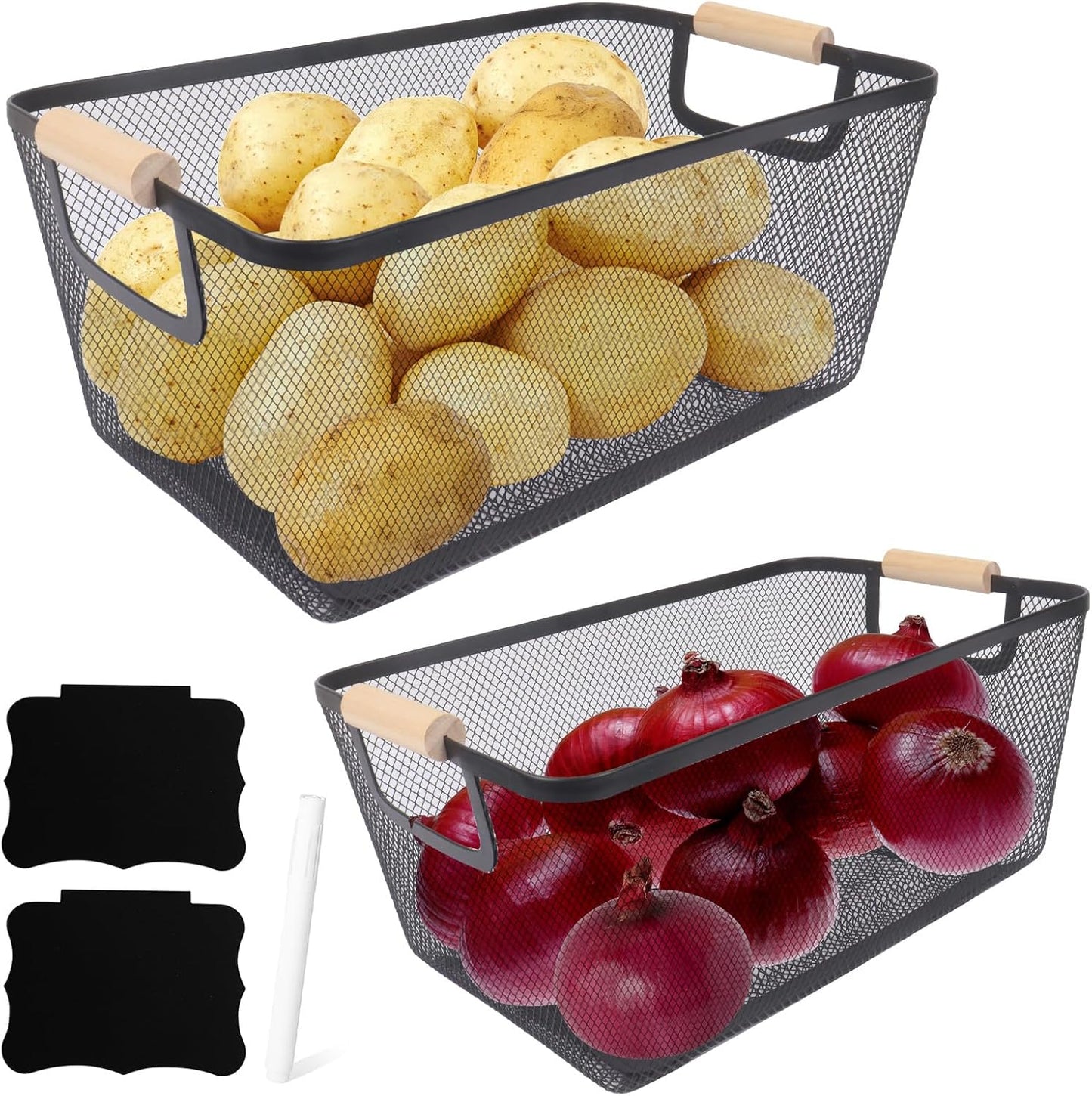 Potato and Onion Storage Bin, 2 Set Potato Bin Storage and Onion Container with Wooden Handle, Pantry Kitchen Organization and Storage, Metal Mesh Baskets for Fruit, Vegetable, Produce-White
