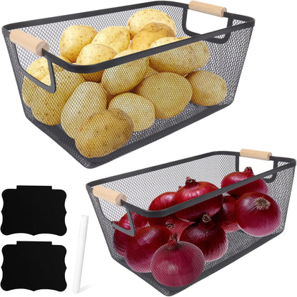 Potato and Onion Storage Bin, 2 Set Potato Bin Storage and Onion Container with Wooden Handle, Pantry Kitchen Organization and Storage, Metal Mesh Baskets for Fruit, Vegetable, Produce-White