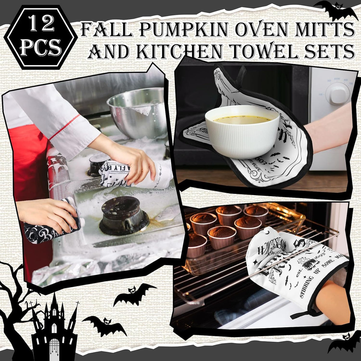 SiliFine 12 Pcs Fall Pumpkin Kitchen Towels Oven Mitts Pot Holders Set