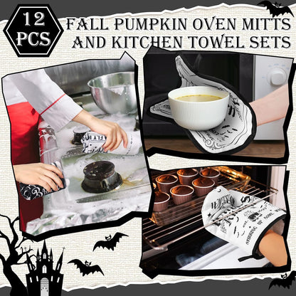 SiliFine 12 Pcs Fall Pumpkin Kitchen Towels Oven Mitts Pot Holders Set