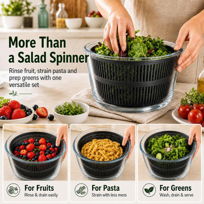 Glass Salad Spinner 3.2 Qt, Small Salad Spinner with Glass Bowl Removable Lid for Easy Cleaning Dishwasher Safe Glass Bowl Vegetable and Fruit Washer Dryer with Drain Spout Crank Handle White