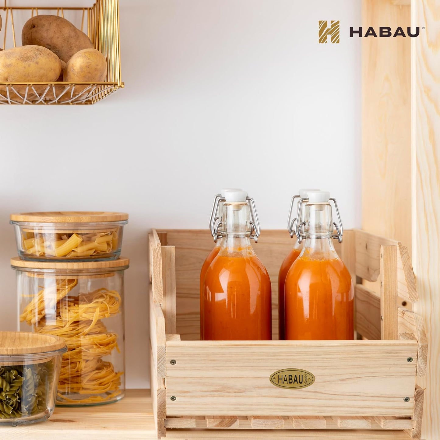 HABAU Wood Potato Onion Storage Bins - Wooden Stackable Produce Basket - Fruit Vegetable Storage for Kitchen Pantry Organization, Set 3 Pieces