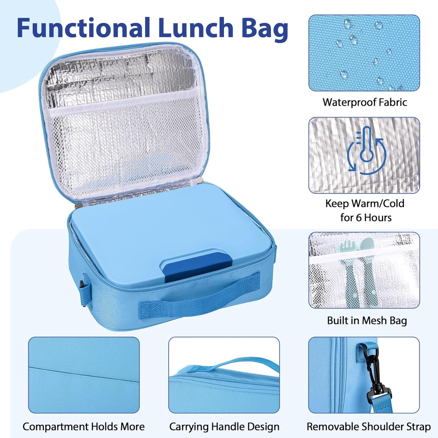 Kids Bento Lunch Box Set with 9.5oz Soup Thermo, Leak-Proof Lunch Food Containers with 3 Compartment and Removable Inner Tray, Insulated Hot Food Jar with Lunch Bag for School, Office, Sea Blue