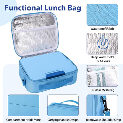 Kids Bento Lunch Box Set with 9.5oz Soup Thermo, Leak-Proof Lunch Food Containers with 3 Compartment and Removable Inner Tray, Insulated Hot Food Jar with Lunch Bag for School, Office, Sea Blue