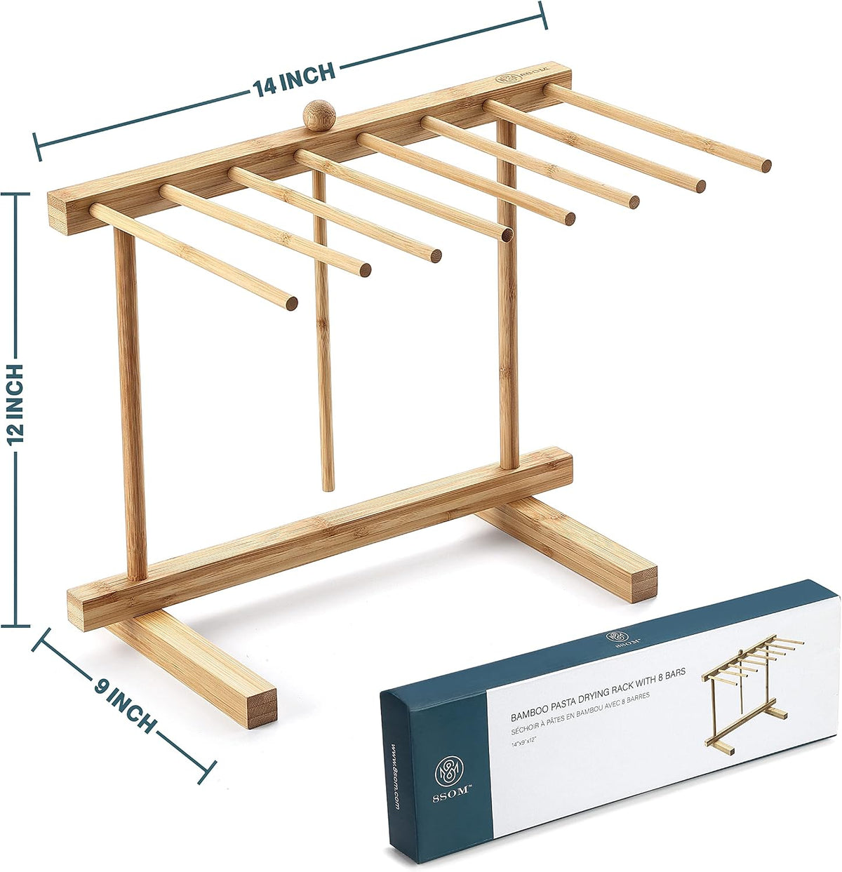 Bamboo Pasta Drying Rack with 8 Bars and Transfer Wand, Easy to Transfer for Drying Pasta and Cooking, Special Suspension Design for Large Storage